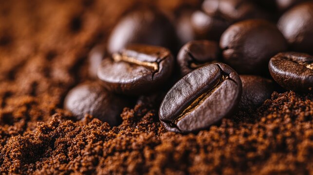 A rich, dark brown symphony of roasted coffee beans and finely ground coffee beans, ready to be transformed into a fragrant elixir of life.