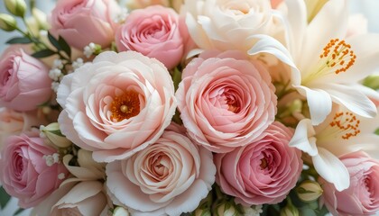 Obraz premium A beautifully arranged bouquet of pink and white roses, peonies, and lilies in a delicate watercolor style. Soft, gentle lighting with a subtle golden shimmer highlights the petals, creating a luxurio