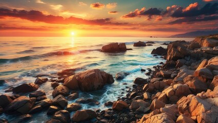 A tranquil coastal scene at sunset, featuring a calm ocean reflecting warm orange and pink hues.