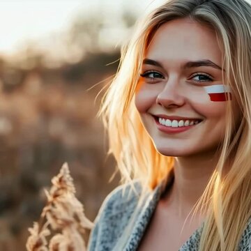 polish president election voting 2025, pl women rights concept; footage of young, blond, polish patriot wearing polish flag painted on her cheek is smiling and sitting on the meadow somewere in Poland