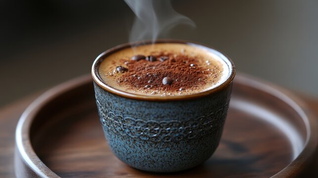 A dark, fragrant cloud of roasted coffee beans, swirling gently, rests atop a steaming cup of Turkish coffee, its aroma filling the air with a promise of warmth and awakening.