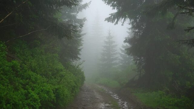 Mystical forest covered in fog with green trees first person dolly move