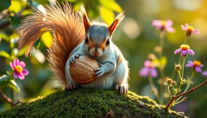 Obraz premium A charming small rodent, a fluffy-tailed squirrel, sits on a mossy surface, delicately holding a large nut in its paws, surrounded by vibrant wildflowers bathed in soft sunlight.