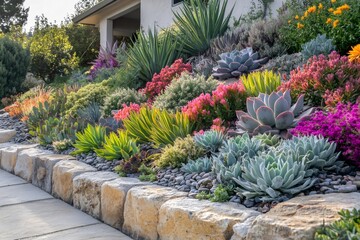 Obraz premium Beautiful drought tolerant landscaping with succulents, cacti and colorful flowers