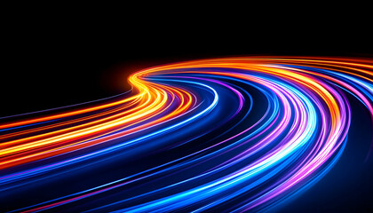 Abstract swirling light trails in vibrant orange, blue, and purple hues against a black background