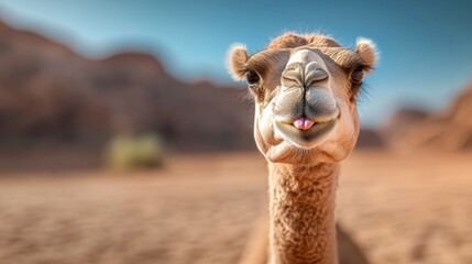 Obraz premium Camel is standing in the desert with its tongue out. Concept of humor and playfulness, as the camel appears to be making a silly face and sticking its tongue out