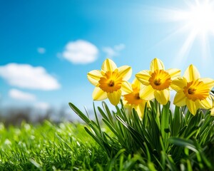 Fototapeta premium Yellow Daffodils in Full Bloom, Bathed in Spring Sunlight, Blue Sky, and Lush Green Grass Background