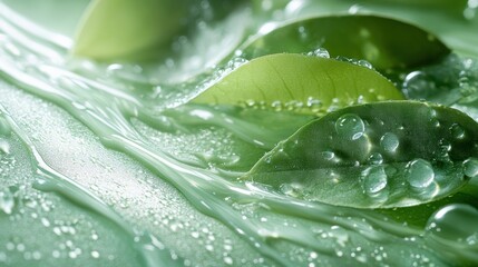 A vibrant green surface, kissed by the cool caress of smooth gel, exuding a sense of tranquility and refreshing coolness.