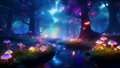 Fototapeta premium Enchanted Forest with Bioluminescent Trees and Glowing Mushrooms