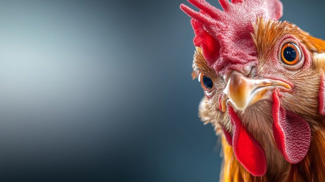 Close up of a chicken's face with red comb and pink wattles. The chicken's eyes are open and staring at the camera