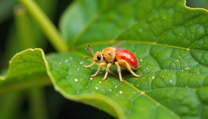 Naklejka premium Colorful insect on green leaf in macro view, nature's detail