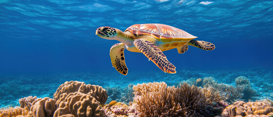 Obraz premium Graceful sea turtle swimming over coral reef in vibrant ocean scene