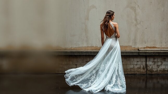 Bride in a dress with an open back gracefully posing against a wall