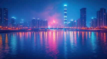 Obraz premium Vibrant city skyline at night reflected on river