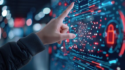 Human finger interacting with glowing digital data display panel