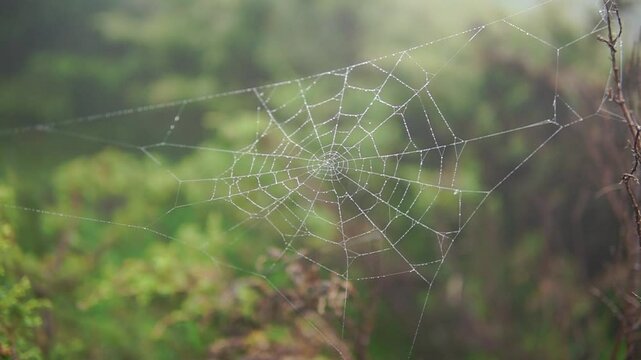 Beautiful circular spider's web with dew drops on it close-up in a summer forest