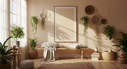 Bohemian interior design featuring botanical elements, artwork and earth tones