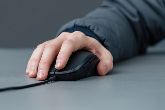 A hand using a computer mouse on a surface