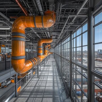 Large industrial space with pipes and exterior windows visible