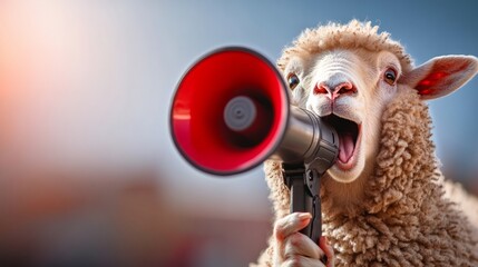 Sheep is holding a microphone and making a loud noise. The sheep is wearing a red microphone and he is excited or happy