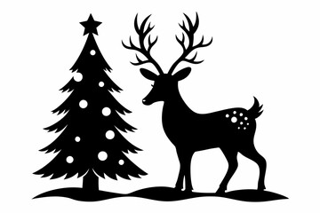 reindeer christmas tree line art silhouette vector illustration