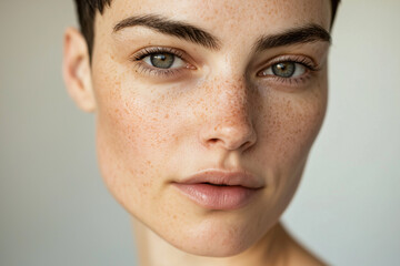 Naklejka premium portrait of a middle-aged woman with short hair and freckles