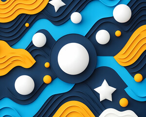 Obraz premium Abstract wavy background with spheres, stars, and layered paper design in blue, orange, and white