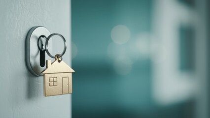 House model and key in house door. Real estate agent offer house, property insurance and security, affordable housing concepts