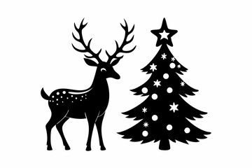 reindeer christmas tree line art silhouette vector illustration