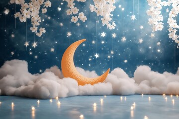 Charming 3d moon and cloud photography backdrop with stars for children s portraits and events