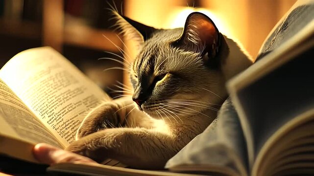 A cozy scene with a Siamese cat purring on a man's lap