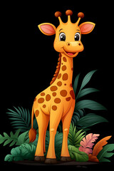 Obraz premium Adorable cartoon giraffe standing amidst lush tropical foliage