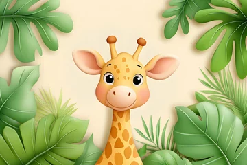 Adorable cartoon giraffe surrounded by tropical leaves