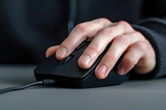 Human hand is holding and using a black computer mouse