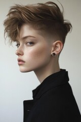 A young adult female with a short haircut and various piercings, ideal for representing nonconformity or edginess in various contexts