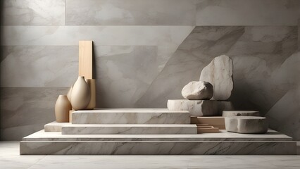 Product setting podium rough stone slabs, marble counter concrete table and stone shelves, grunge texture blocks object placement, 3d rendering,