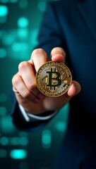 Businessman Holding a Bitcoin Coin - Cryptocurrency Investment, Blockchain Economy, Digital Finance, Future of Money, Secure Crypto Transactions