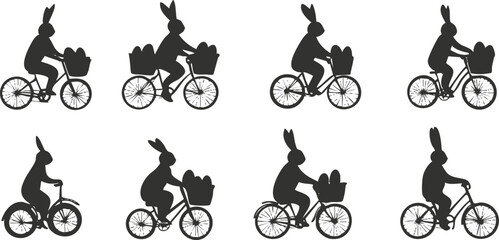 Silhouettes of rabbit figures riding bicycles with baskets