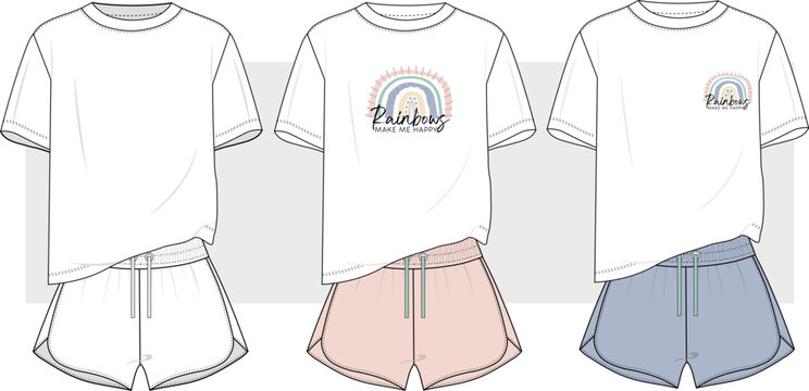 women and girl crop top t shirt and short set vector, home wear, pajama, sport wear illustration fashion design with rainbow print. Lounge Wear Set Fashion Flat Templates, cad, mockup.