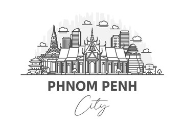 Fototapeta premium Phnom Penh, Cambodia architecture line skyline illustration with shadows. Linear vector cityscape with famous landmarks, city sights, design icons.