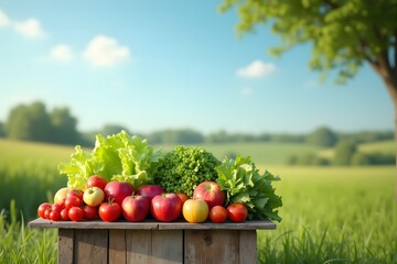 Healthy harvest of tomatoes and apples with green lettuce, wooden crate display.