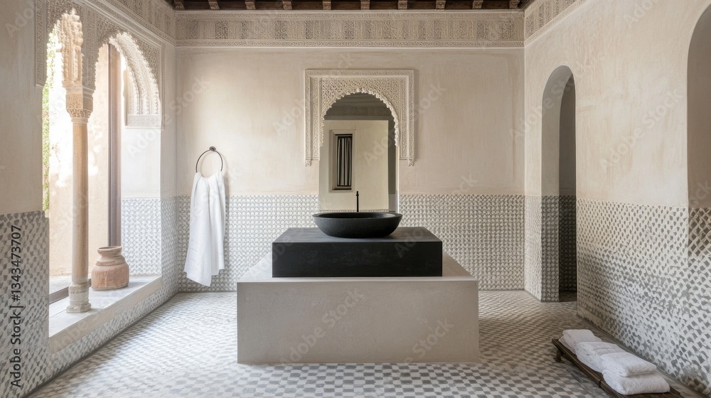 Poster soft light bathes the serene space showcasing stunning tile patterns and a central basin. this elega