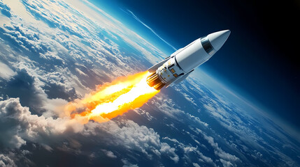 Obraz premium Rocket Launch with Flames and Earth in Background