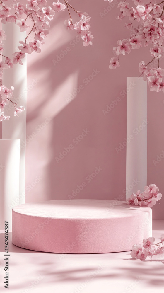 Aufkleber Delicate cherry blossoms cascade around a soft pink circular platform against a minimalistic backdrop. Shadows play softly, creating a tranquil and inviting atmosphere