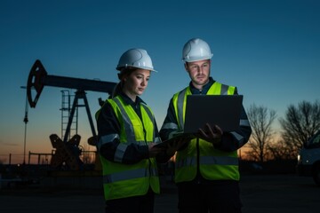 Low angle view of male and female partners in protective clothing planning over laptop while standing against equipment by car at field against sky during sunset