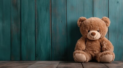 Obraz premium A cute teddy bear perches on a richly textured wooden surface, bringing warmth and nostalgia, making it an ideal decor piece that evokes precious childhood memories.