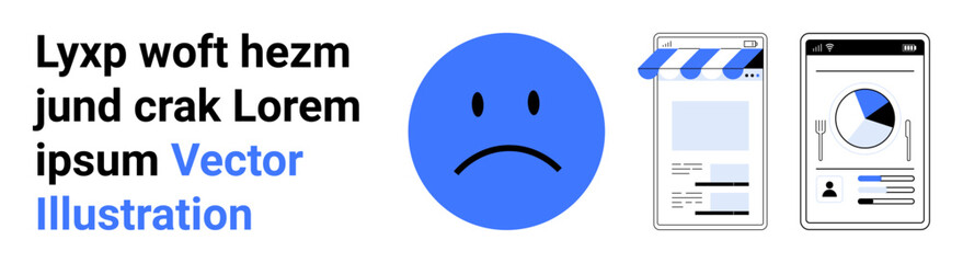 Large sad face emotion alongside smartphone screens with app interfaces, charts, and a storefront. Ideal for emotions, app development, e-commerce, analytics, feedback, technology simple landing