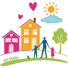 Family Bonding Concept Parent, Kids, and Pet on a Green Hill with Homes