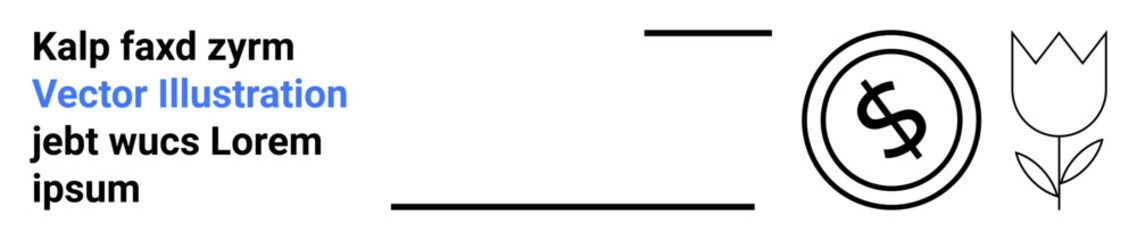 Text blocks, dollar sign in circle, clean lines, and tulip outline combine for a sleek style. Ideal for finance, minimal branding, modern design, florals, layouts education abstract line flat