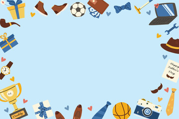 Happy father's day celebration border with gifts and accessories for card design.